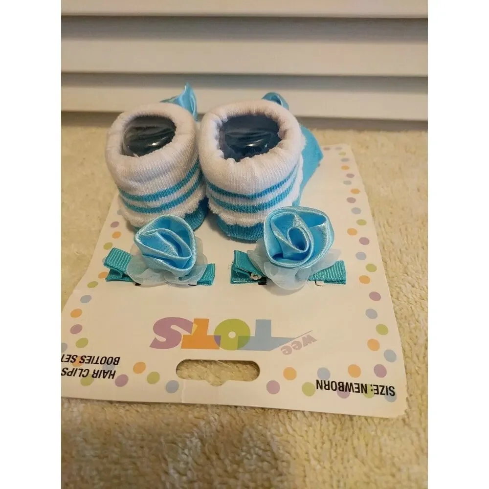 Wee Tots Newborn Blue and White Hair Clips And Booties Socks Pair Set NWT